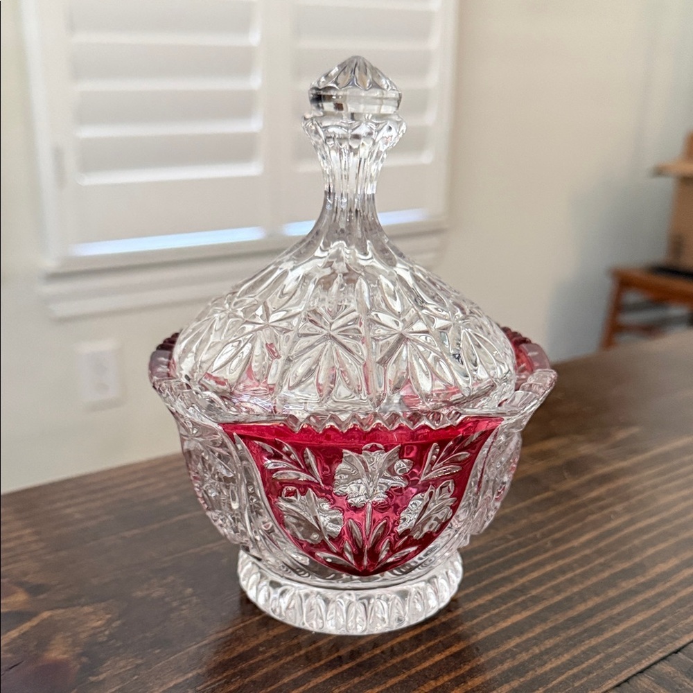 Elegant Crystal Candy Dish with Red Accents